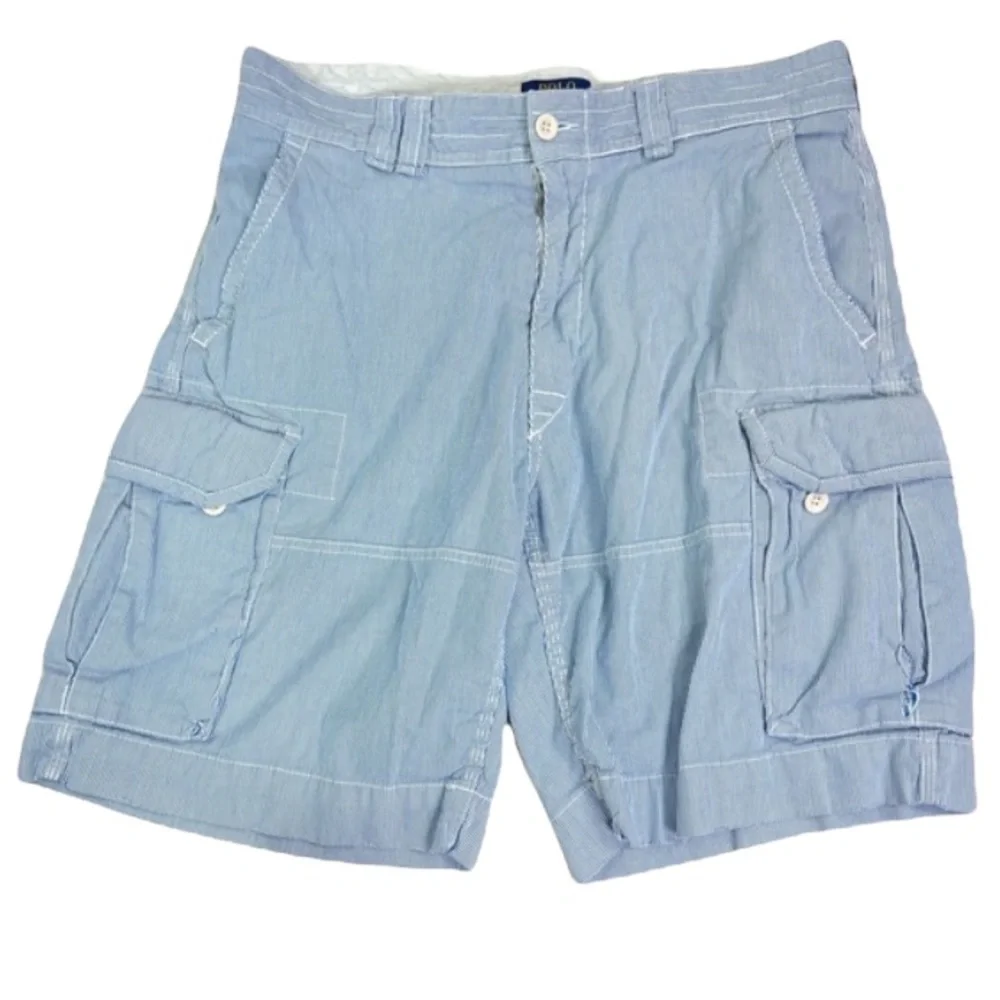 Polo Ralph Lauren blue and white seersucker cargo shorts. Size 35